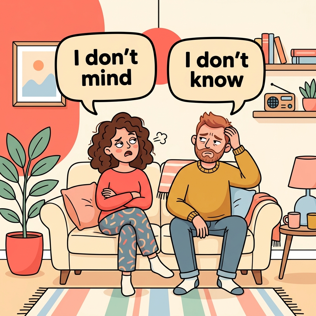 A frustrated couple: she says I don't mind, he says I don't know