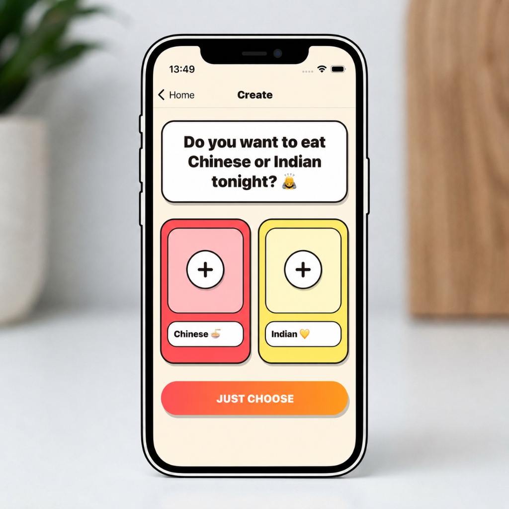 Just Choose app showing a decision between Chinese and Indian food